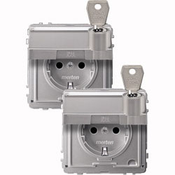 SCHUKO-Steckdose, Aquadesign, mit Klappd., Schriftf., abschl. mit 2 gl. Schließungen (aluminium gl.) 