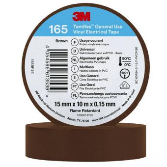 3M Temflex 165 Vinyl Elektro-Isolierband, 15mm breit, 10m lang, braun, 10 Stück 