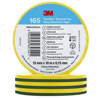 3M Temflex 165 Vinyl Elektro-Isolierband, 15mm breit, 10m lang, grün-gelb, 10 Stück 