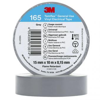 3M Temflex 165 Vinyl Elektro-Isolierband, 15mm breit, 10m lang, grau, 10 Stück 