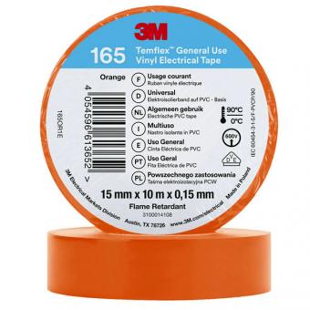 3M Temflex 165 Vinyl Elektro-Isolierband, 15mm breit, 10m lang, orange, 10 Stück 