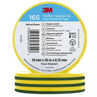 3M Temflex 165 Vinyl Elektro-Isolierband, 19mm breit, 25m lang, grün-gelb 