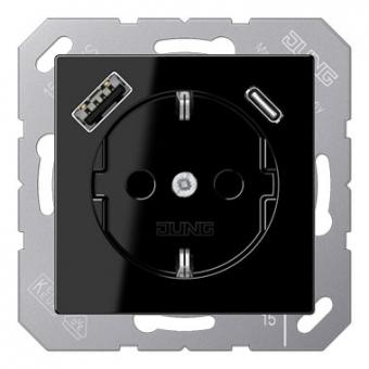 Jung  SCHUKO-Steckdose mit USB-Ladegerät Typ C+A (schwarz) 