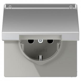 Jung SCHUKO-Steckdose mit Klappdeckel u. Schriftfeld (Aluminium) 