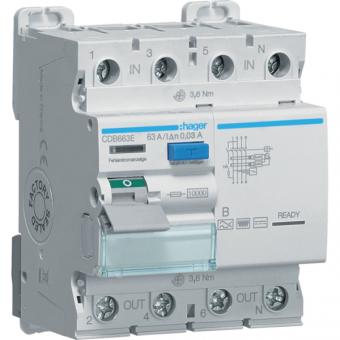 Hager CDB663E, FI-Schutzschalter, 10kA, 63A, 30mA, Typ B, 4-polig 