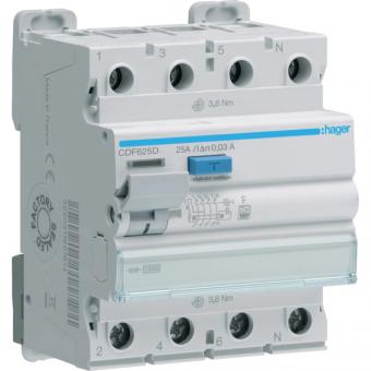 Hager CDF625D, FI-Schutzschalter, 10kA, 25A, 30mA, Typ F, 4-polig 
