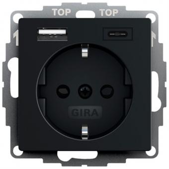 Gira  SCHUKO-Steckdose 16 A 250 V~ mit Shutter und USB-Spannungsversorgung 2fach Typ A / Typ C (schwarz matt) 