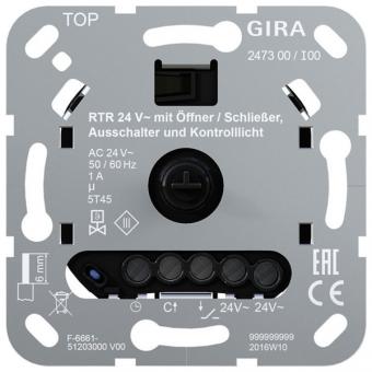 Gira Einsatz Raumtemperaturregler 24 V~ mit Öffner bzw. Schließer, Ausschalter und Kontrolllicht 