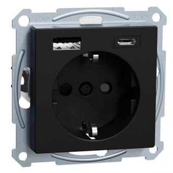 Merten SCHUKO-Steckdose mit  USB Ladegerät A+C, System M, schwarz matt (lackiert) 